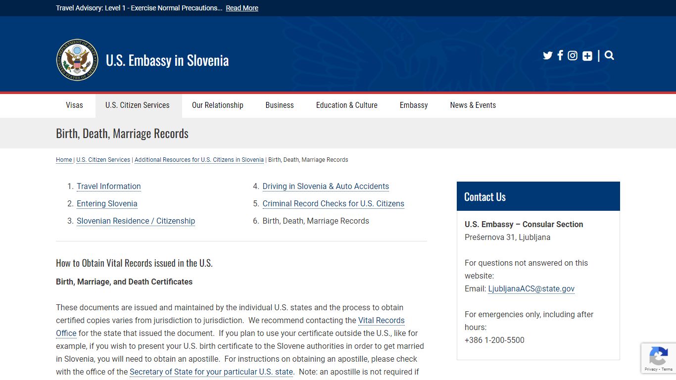 Birth, Death, Marriage Records - U.S. Embassy in Slovenia