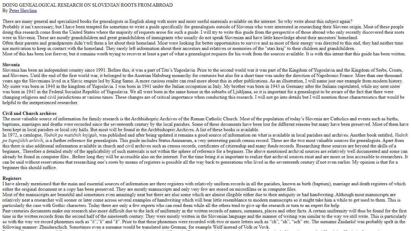 DOING GENEALOGICAL RESEARCH ON SLOVENIAN ROOTS FROM ABROAD